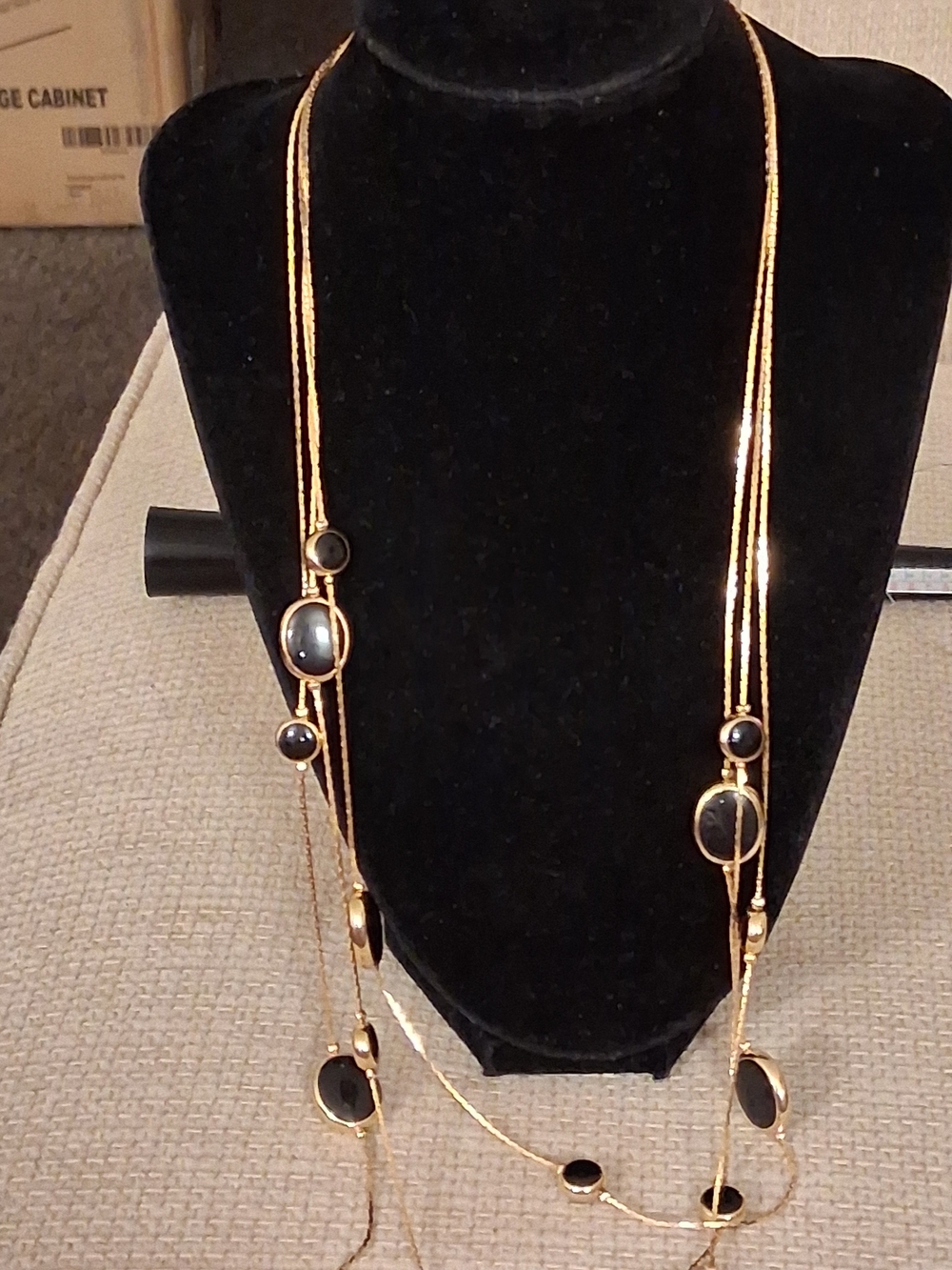 Gold Multi-Layer Necklace with Black Cabochon Accents